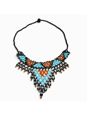Vintage Native American Seed Bead Bib Necklace, Turquoise Black Amber Beaded